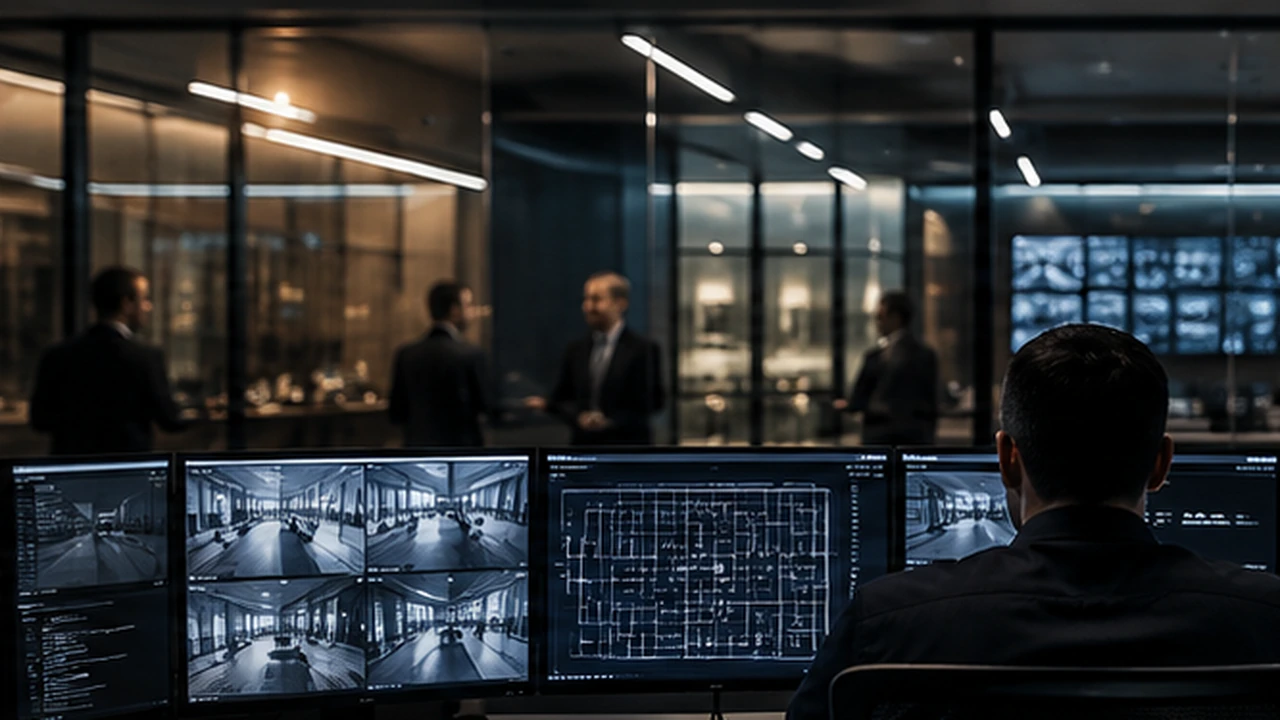 Profissional diante de monitores de uma central de controle, com outras pessoas conversando ao fundo, em ambiente envidraçado.