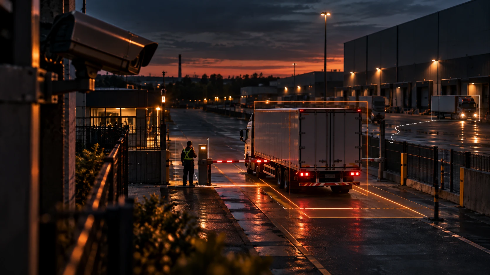 Posto de controle de uma instalação logística ao anoitecer, com uma câmera em primeiro plano, um vigilante junto à cancela e um caminhão com molduras de detecção sobrepostas.