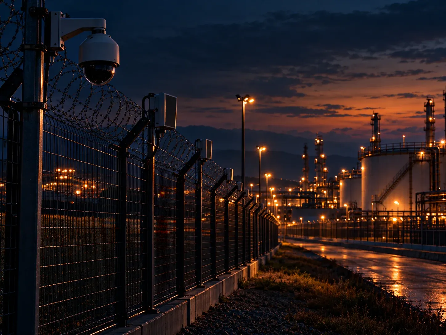 Ilustração do perímetro de uma instalação industrial, com cerca, sensores e câmera ao entardecer.
